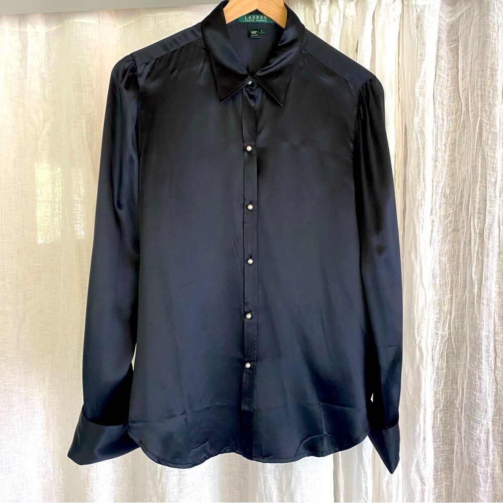 Ralph Lauren Black Silk Pearl Button French Cuff Shirt Size Large